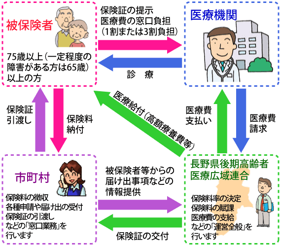 広域連合、市町村、医療機関、被保険者の関連図